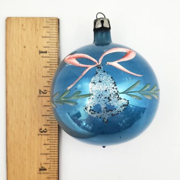 Vtg Hand Blown Blue Silver Glass Christmas Ornament Glitter Bell Poland Pink Bow - Picture 7 of 8
